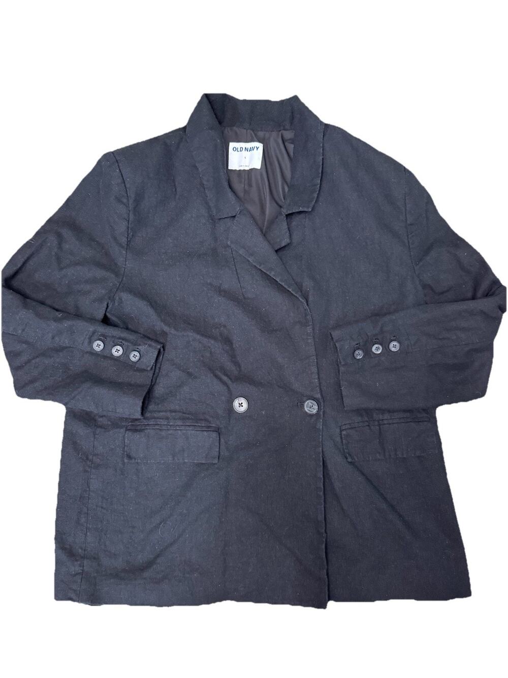 Old Navy Women's Black Button Front Lined Linen Blazer Long Sleeve Pockets L